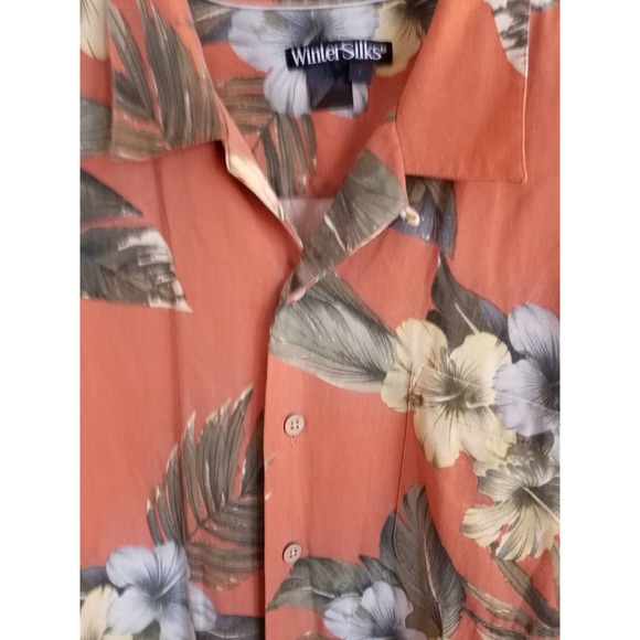 Winter Silks Men's Orange Button Down w. Tropical Flowers. 100% Silk. Mens Large - Picture 2 of 3